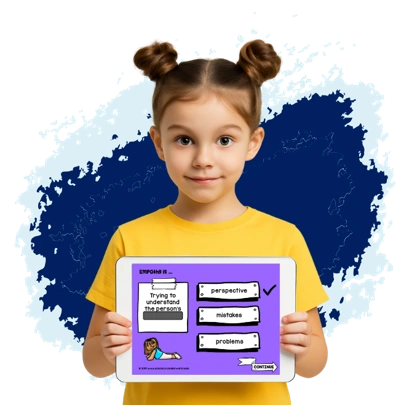 Child holding a tablet showing an empathy learning activity