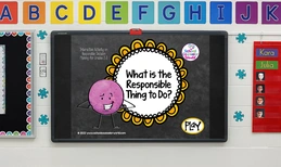 Interactive classroom activity titled 'What is the Responsible Thing to Do?' displayed on a smartboard