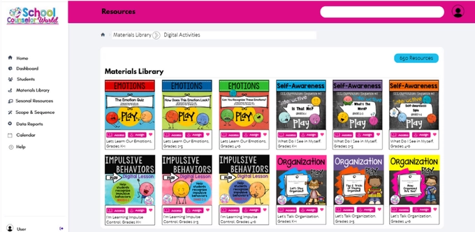 Educational resources library preview from School Counselor World