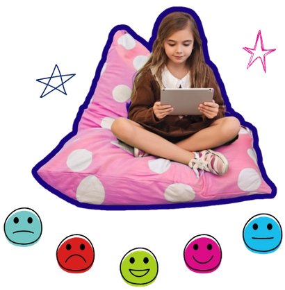 Child sitting on a bean bag using a tablet surrounded by colorful emotion icons
