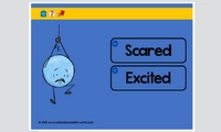 Animated character choosing between scared and excited emotions in classroom setting