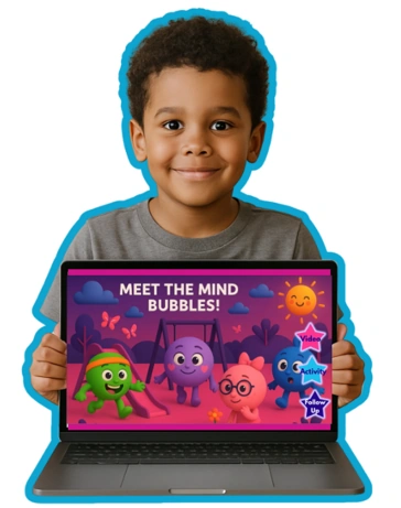 Child smiling while holding a laptop showing the Meet the Mind Bubbles educational activity